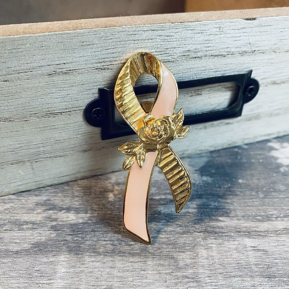 Vintage Breat Cancer Awareness Ribbon In Gold Tone With Pink Enamel 90s Avon
